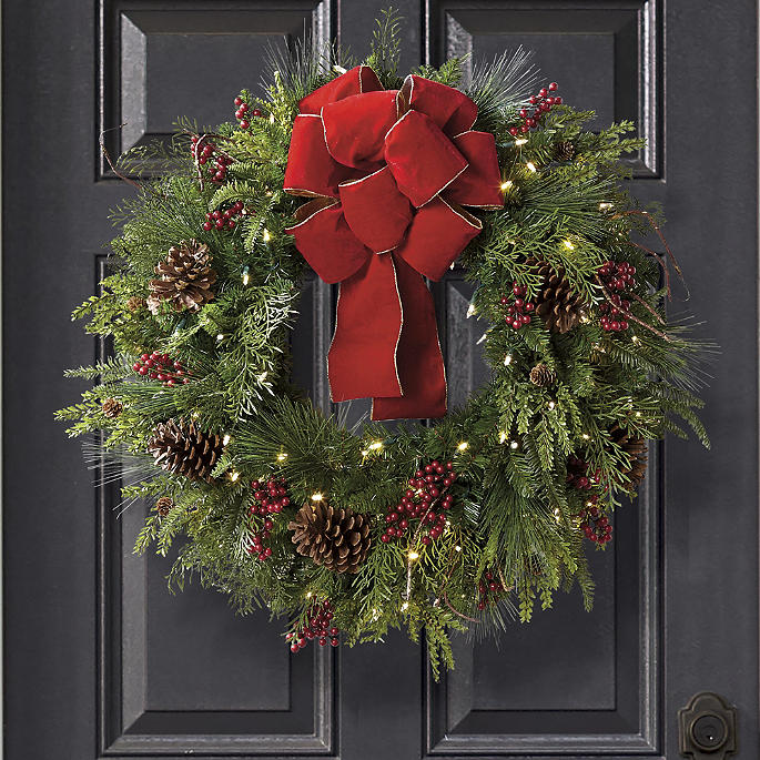 Christmas Cheer Cordless Wreath with Red Bow